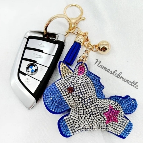 Unicorn Crystal Rhinestone Keychain Bag Charm With Blue Tassel - Picture 1 of 15